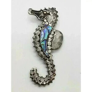 Vintage Brooch Seahorse Sterling Silver & Abalone Big Size Detailed Mexico